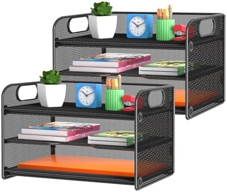 samstar 2 Pack 3 Tier Letter Tray Paper Organizer with Handle, Mesh Desk Organizer Paper Sorter File Rack Shelves, Black by Samstar