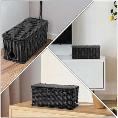 ZhiYo Rattan Cable Management Box, Black Desk Cord Organizer, 2 Pack (M&L) - Image 3