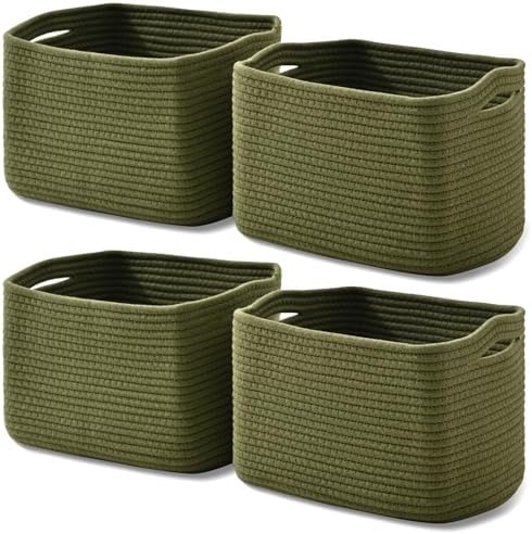 ICERZCZ Storage Basket for Shelves, Small Baskets for Organizing, Woven Cotton Rope Baskets for Storage, Book Basket, Decorative Shelf Basket, 12.5"Lx9.1''Wx7.9''H (4 Packs) Green by ICERZCZ