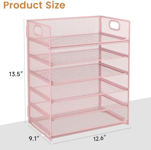 Subekyu 6 Tier Office File Paper Desk Tray Organizer with Handle, Stackable Slide Mesh Letter Tray Folder Pink Desk Organizer, Desktop Document Sorter for Classroom, Office, Home Supplies Storage - Image 6