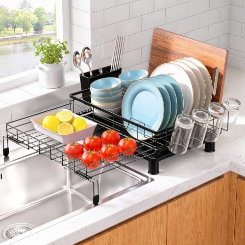 Expandable Dish Drying Rack for Kitchen Counter, Rustproof Sink Dish Drainer with Adjustable Legs & Angled Draining Tray, Space Saving Counter Dish Rack by Luckboat