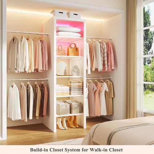 100'' Closet System with 4 Hanging Rods & LED Lights, 2-8 FT Wood Closet Organizer Systems with 5 Shelves, 6 Height Adjustable, Walk-in Closet Organizer Wardrobe Clothes Rack, Garment Rack, White - Image 3