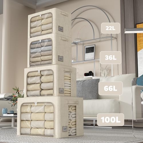 FHSQX 6 Pack Clothes Storage Bins with Metal Frame Foldable Storage Bins for Clothes Linen Fabric Storage Box with Clear Window (Beige, 19.7x15.7x13inch(66L)) - Image 6