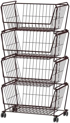 PUSDON 4-Tier Large Stackable Wire Storage Baskets with Wheels, Metal Rolling Utility Cart Organizer, Produce Basket for Kitchen Pantry, Floor Shelf, Vintage Bronze by PUSDON