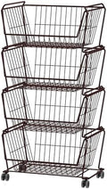 PUSDON 4-Tier Large Stackable Wire Storage Baskets with Wheels, Metal Rolling Utility Cart Organizer, Produce Basket for Kitchen Pantry, Floor Shelf, Vintage Bronze by PUSDON