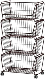 PUSDON 4-Tier Large Stackable Wire Storage Baskets with Wheels, Metal Rolling Utility Cart Organizer, Produce Basket for Kitchen Pantry, Floor Shelf, Vintage Bronze by PUSDON