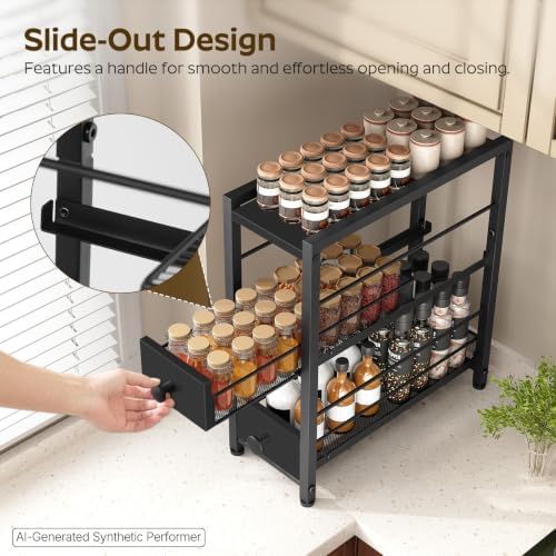 YATINEY Spice Rack, 3-Tier Pull Out Spice Rack Organizer for Countertop, Narrow Kitchen Countertop Storage Shelf with 2 Drawers, for Kitchen, Cafe, Black SR02BB - Image 4