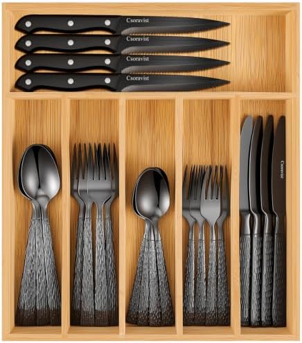 49 Pieces Black Silverware Set with Bamboo Organizer,Tree Pattern black by Csoravist