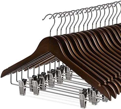 Wooden Clothes Hangers with Clips, 16Pack Wood Skirt Hangers with Clips, High-Grade Selected Walnut Wood Hangers with Sturdy Metal Clips for Pants, Suit, Heavy Winter Coat, Jacket, Formal Dress by HOU%C3%8DSMHOME