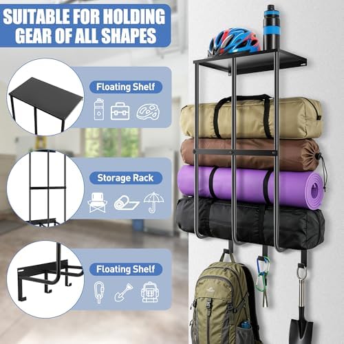 2 Pack Camping Chair Storage for Garage, Metal Camping Chair Rack for Garage Storage, Beach Chair Rack, Umbrella Holder, Wall Holder Rack with Floating Shelf & 3 Hooks for Garage Organizer - Image 5