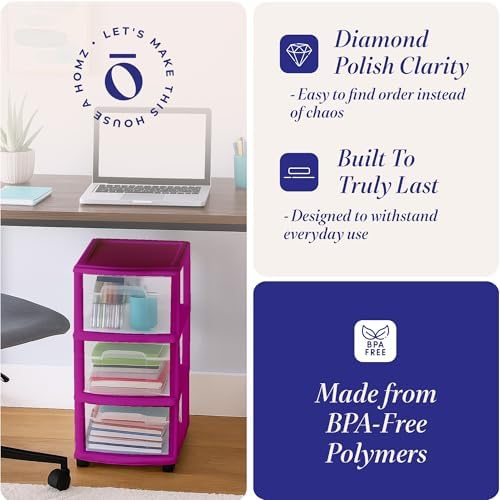 HOMZ Drawer Tower, 3-Tier Storage Cart with Removable Wheels, Purple Frame - Image 5