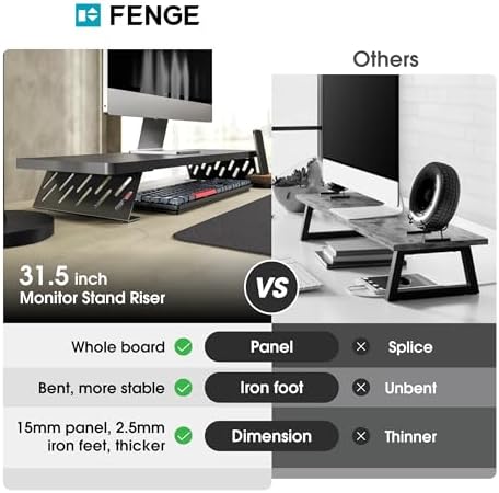 Fenge Monitor Stand Riser, Wooden & Metal Desk Shelf Organizer, Black - Image 3