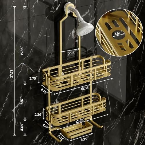 Shower Caddy Hanging, Never Rust Aluminum Shower Organizer, Over Showerhead No Drilling Shower Racks, with Soap Holder Multi Hooks Bathroom Storage for Shampoo Sponge (Gold) - Image 6