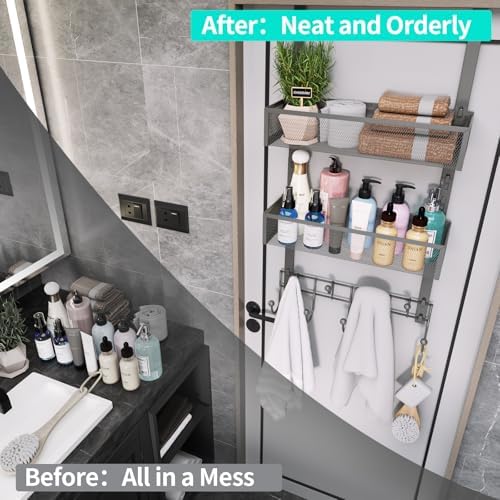 HapiRm Over The Door Hanger with Coat Hooks and 2 Baskets, Rustproof & Waterproof Over The Door Hooks, Storage Organizer for Hats, Bathroom, Kitchen, Bedroom - Grey - Image 7