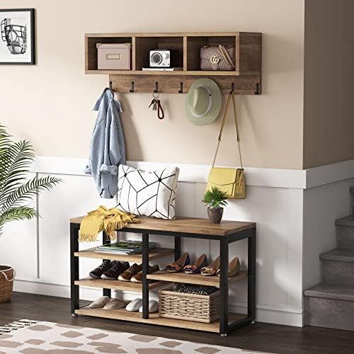 Tribesigns Coat Rack Set, Hall Tree, Industrial Shoe Bench, 3 Storage Cubbies, 7 Hooks for Entryway, Hallway, 5-in-1Design, Vintage Oak - Image 3