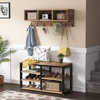 Tribesigns Coat Rack Set, Hall Tree, Industrial Shoe Bench, 3 Storage Cubbies, 7 Hooks for Entryway, Hallway, 5-in-1Design, Vintage Oak - Image 3