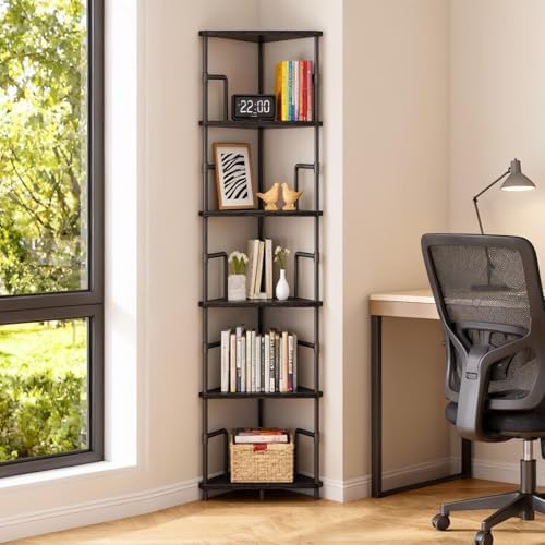 MAHANCRIS 6-Tier Corner Shelf, 65" Tall Corner Bookshelf with Metal Frame, Narrow Display Shelf Stand, Industrial Corner Bookcase for Living Room, Bedroom, Home Office, Black CSBK6601 by MAHANCRIS