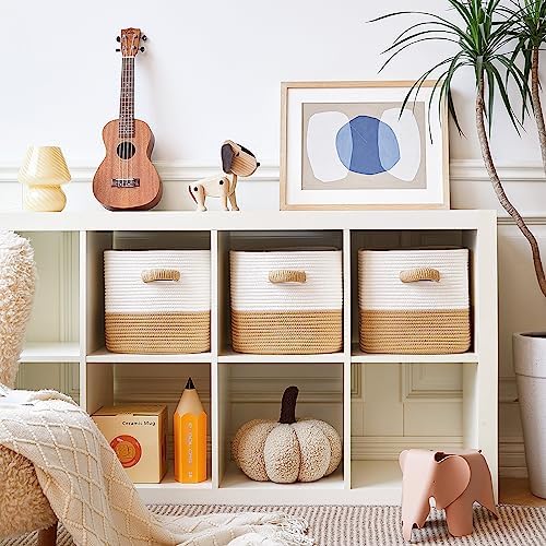 R RUNKA Storage Cube Baskets for Organizing -3 Pack -11 inch Square Baskets for Cube Storage, Closet Storage Bins-Woven Cube Storage Bins for Shelves- Ideal for Toy Storage |White & Khaki - Image 3