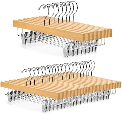 Nature Smile Deluxe Wooden Pants Hangers,Solid Lotus Wood Jeans Skirt Hanger with Clips Anti-Rust Hook Pack of 28（Natural） by NatureSmile