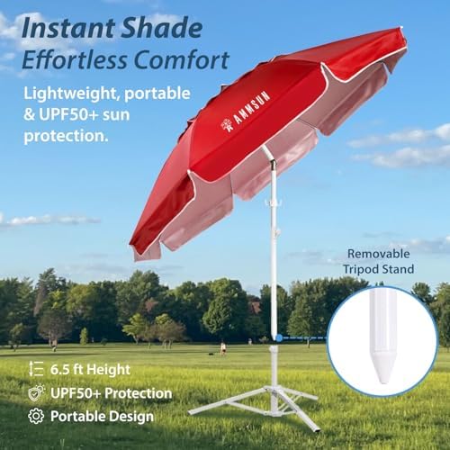 AMMSUN Shade Umbrella, Premium Portable Umbrella with Stand, 6.5ft Lightweight Free Standing Canopy for Sporting Games, Adjustable Instant Sun Protection and Easy to Carry, Red - Image 3