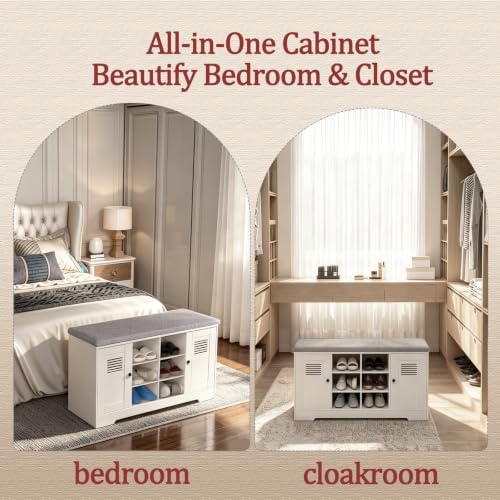 39.3" Shoe Storage Bench with Cushion, 6 Open Cubbies, 2 Cabinet - Image 6