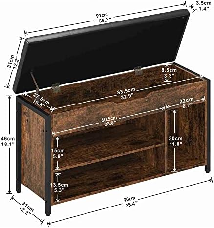 Shoe Bench, Lift Top Shoe Storage Bench, Adjustable Shelf Entryway Bench, Metal and Wood Shoe Rack Organizer with Cushion for Entry, Bedroom, Closet, Living Room, Hallway (Brown, 35.5“W) - Image 2