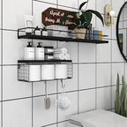 Black Floating Shelves with S Hooks, Wall Mounted Bathroom Shelves Over Toilet with Toilet Paper Basket, Bathroom Organizers and Storage, Small Corner Shelf for Bedroom Home Room Wall Decor - Image 2