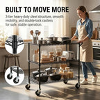 Finnhomy 3 Tier Heavy Duty Commercial Grade Utility Cart, Wire Rolling Cart with Handle Bar, Steel Service Cart with Wheels, Kitchen Carts on Wheels, Metal Cart Shelf Size 24" D x 36" W, NSF, Black - Image 3