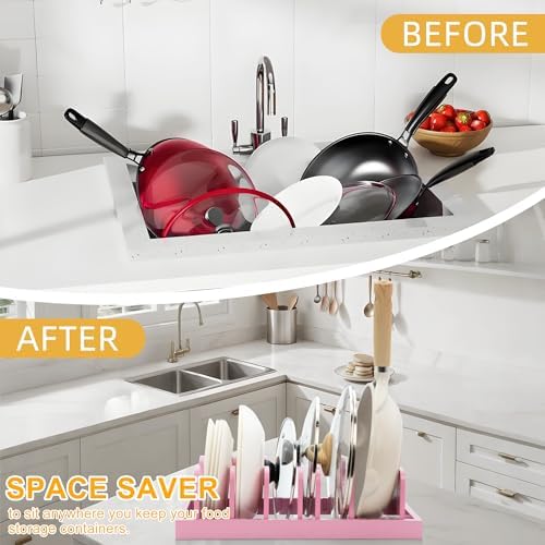 MinBoo Bamboo Pot Lid Organizer Pot Lid Holder, Pot and Pan Organizer Drawer Organizer for Pot Lids, Pans, Dinner Plates, Reusable Containers in Cabinet Storage,Pink - Image 3