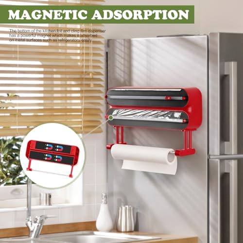 Aluminum Foil & Plastic Wrap Dispenser with Cutter - Magnetic & No-Drill Wall Mount, Cling Film Dispenser with Paper Towel Holder, Space-Saving 3-in-1 Kitchen Organizer - Fits 12" Roll, Red - Image 3