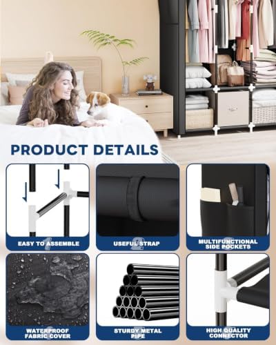 Mavivegue Portable Closet, 50 Inch Wardrobe Closet, Portable Closets for Hanging Clothes with 3 Hanging Rods and 6 Storage Shelves for Bedroom, Black - Image 3