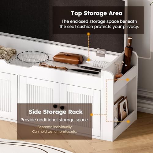 47.2" Storage Bench - Entryway Shoe Bench with Side Storage Shelves and 4 Doors, Multifunctional Entryway Bench with Lift Top Cushion, Shoe Storage Bench for Bedroom, Living Room, White - Image 5