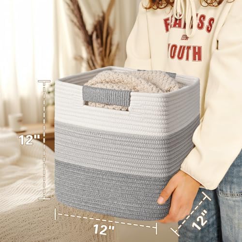 12 Inch Storage Cubes, 3 Pack Cube Storage Bins for Organizing, Cotton Rope Woven Baskets for Shelves, Bathroom, Kids Room, Closets, Baby Nursery - Image 4