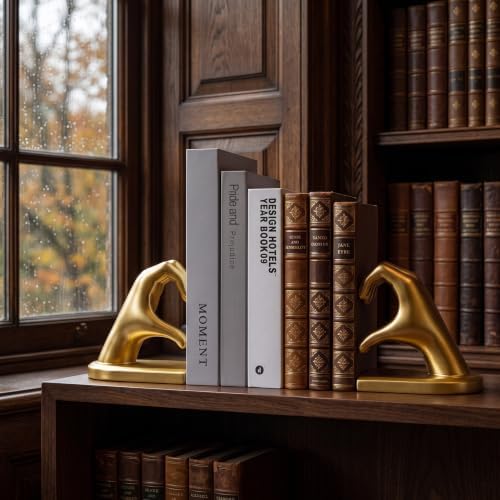 Gold Decorative Bookends for Shelves, Heart Hands Resin Sculpture with Non-Slip Felt Base, Modern Book Ends for Living Room, Bedroom and Office,Larger Size-10.43x3.93x5.51 - Image 5
