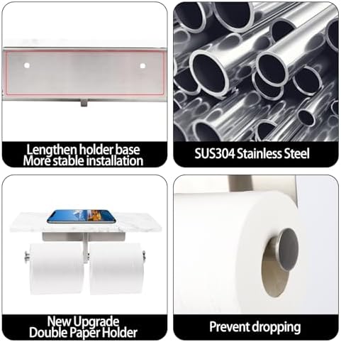 Toilet Paper Holder with Natural Marble Shelf for Bathroom Washroom,Wall Mounted Tissue Holder Suitable for Mega Roll (Brushed Nickel, Large 11.8 * 4.7) - Image 3