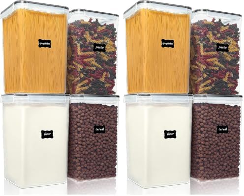 Vtopmart Extra Large Tall Airtight Food Storage Containers, 4 Pieces 5.9qt/6.5L Plastic PBA Free Kitchen Pantry Canister for Spaghetti, Flour and Baking Supplies, with 24 Labels, Black (Pack of 2) by Vtopmart