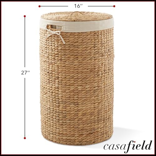 Casafield Round Laundry Hamper with Lid and Removable Liner Bag - Natural, Woven Water Hyacinth Wicker Laundry Basket for Clothes and Towels - Image 3