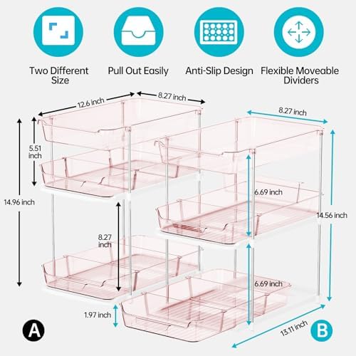 Delamu 2 Pack 3-Tier Bathroom Under Sink Organizers and Storage, Multi-Purpose Stackable Pantry Organization and Storage, Pull Out Clear Kitchen Bathroom Cabinet Organizer with Movable Dividers, Pink - Image 2