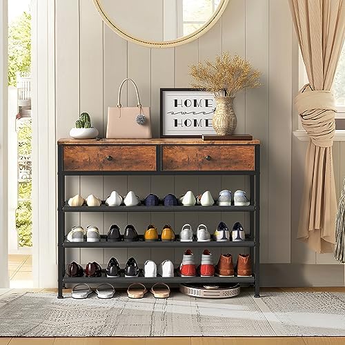 usikey Shoe Rack, 4 Tier Shoe Storage Organizer with 2 Drawers, Metal Shoe Shelf for 12-15 Pairs of Shoes, with 3 Oxford Fabric Shelves and Wooden Top, Shoe Stand for Entryway, Closet, Rustic Brown - Image 2