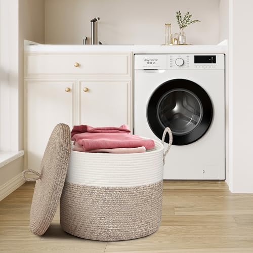 18" X18“ X 14" Large Storage Basket with Lid, Blanket Basket Living Room, Woven Cotton Rope Storage Box, Lidded Kids Dog Toy Bin, Wicker Laundry Basket, Blankets Pillows Organizer Holder - Image 4