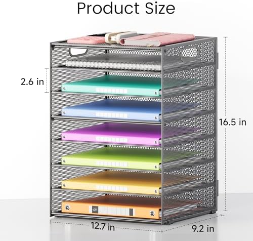 Lavatino 8-Tier Office Desk File Organizer, Letter Tray Paper Organizer with Handle, Including 5 Adjustable Slide Trays for Organizing Desktop Workspace Accessories and Supplies (Grey Metal Mesh) - Image 7
