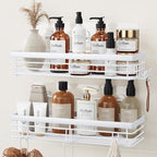 Orimade Shower Caddy with 5 Hooks for Hanging Razor and Sponge Adhesive Shower Shelf Basket Bathroom Storage Organizer Kitchen Rack No Drilling Stainless Steel Rustproof - 2 Pack,White by Orimade