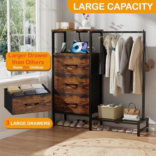 Dresser for Bedroom with Hanging Rack, 3 Drawers Closet with Charging Station, Fabric Chest of Drawers with Clothes Rack, Storage Organzier for Hallway Entryway, Brown - Image 6