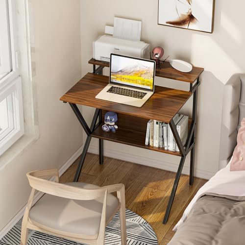 ODK 27.5 Inch Small Desk with Storage & Monitor Stand, Deep Brown - Image 2