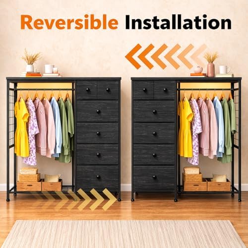 Simple Deluxe Storage Clothes Rack with 6 Drawers, Charging Station & LED Lights, Fabric Chest Shelves Clothing Rack, Wooden Portable Wardrobe Closet, 49.2" W x 15.7" D x 47.2" H, Black - Image 2