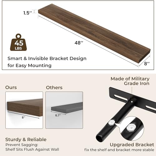 RICHFOCUS Long Floating Shelves for Wall 2Pack, Walnut, 48" Lx8 D - Image 4