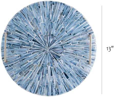 PEMAR Mother of Pearl Decorative Tray, 13" Round Versatile Display and Serving Tray with Gold Handles, Vanity/Perfume/Trinket Catchall for Dresser, Bathroom, Vanity Table (Blue Starburst) - Image 2