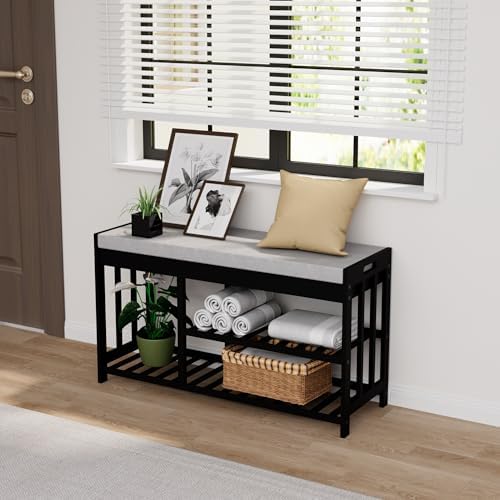 Bamboo Shoe Storage Bench with Cushioned Seat 3-Tier Entryway Shoe Rack - Image 5