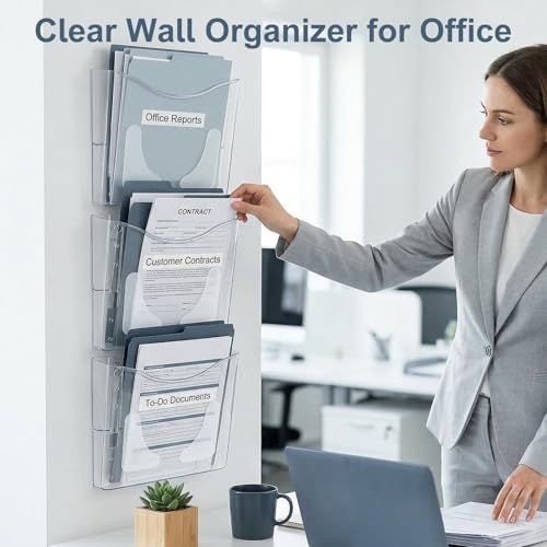 PAG-Mass 6-Pocket Clear Wall Mount File Organizer for Office, Vertical Hanging Document Paper Folder Holder for Home, Letter Size Mail Sorter, Transparent Magazine Literature Rack with Mounting - Image 2