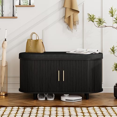 DHH 2-Tier Storage Bench,Wide Shoe Bench with Thickened Padded Seat Cushion, Mid Century Modern Fluted Sliding Door and Adjustable Shelf, for Entryway, Living Room, Bedroom (Black, 35.4“) by DHHFurnitureBuyNow
